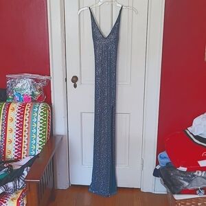 Social Couture dark green, sparkly dress,high slit, criss-cross back,  5/6, NWT